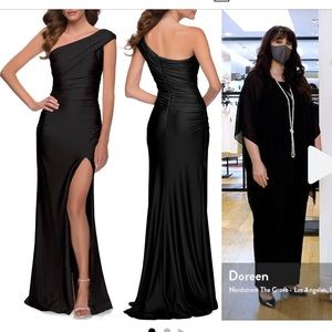 La Femme One- Shoulder Shiny Jersey Gown